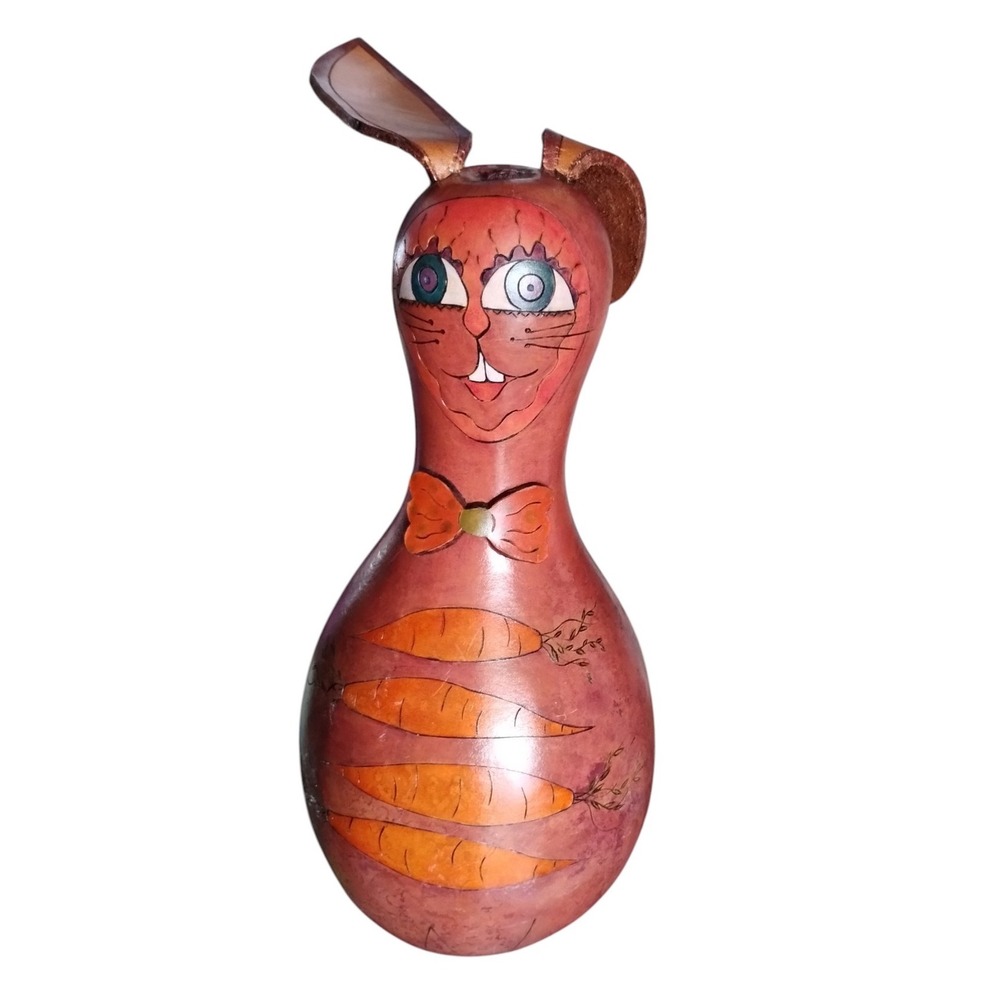 Connie Ruvalcaba Hand Painted Carved Gourd Rabbit Bunny Folk Art 20.5in Tall